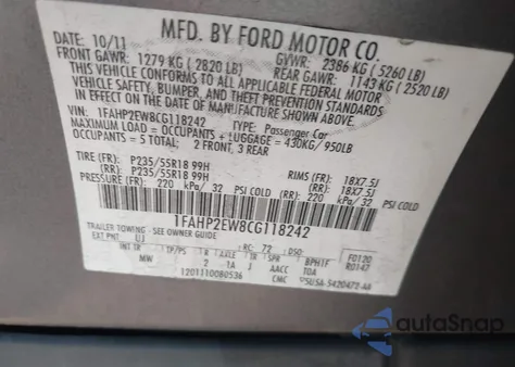 2012 Ford Taurus Sel из США, поврежденный, VIN 1FAHP2EW8CG118242